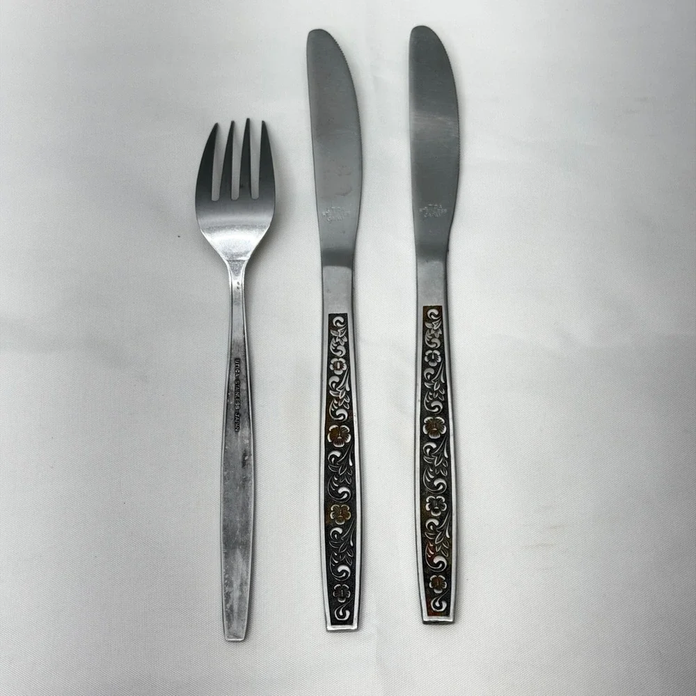 Utica Stainless Japan Flatware Set Floral Design‎ 1 Fork 2 Knives